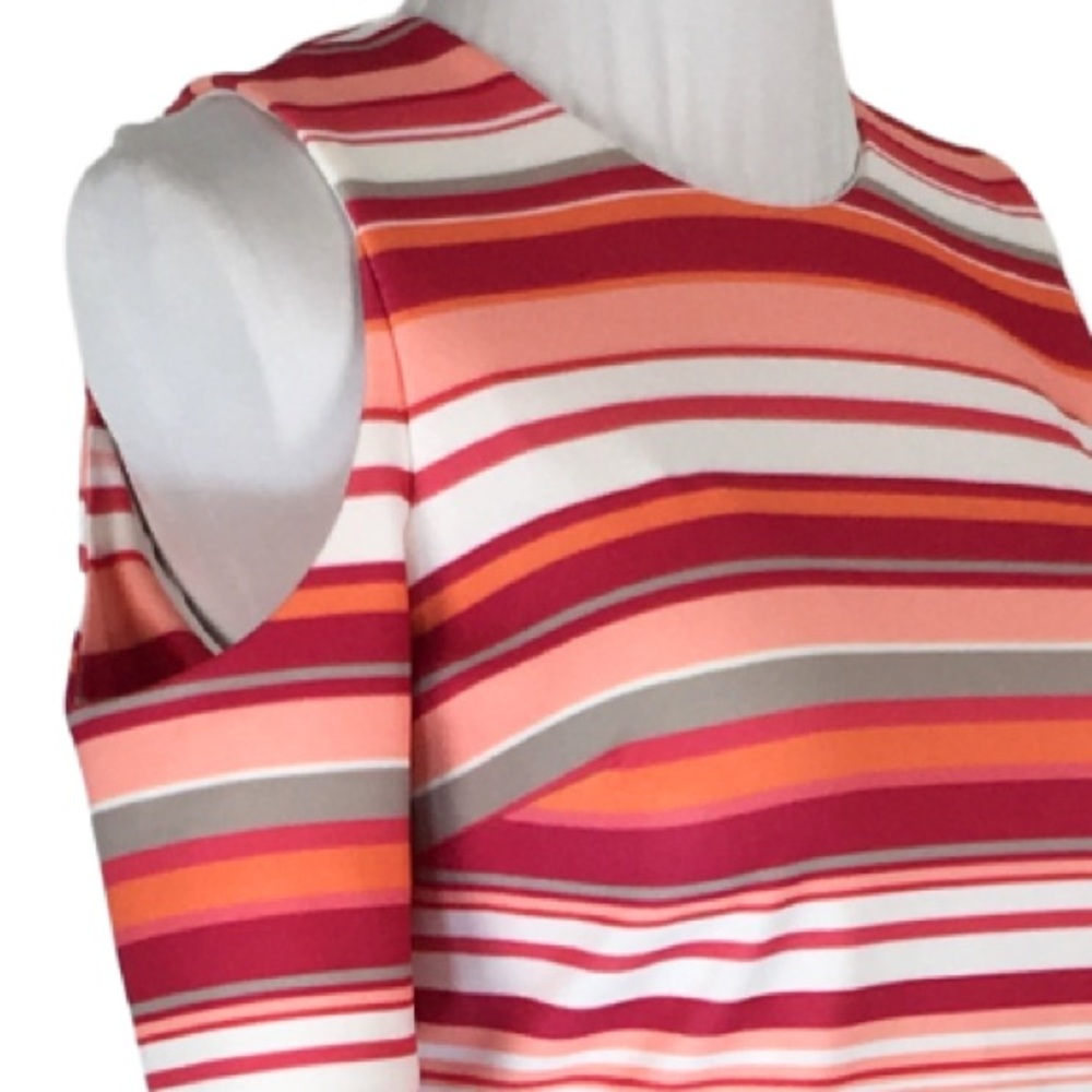 Calvin Klein HIBISCUS Pink Orange Striped Cold Shoulder A-Line Midi Dress size 6 - Picture 9 of 16